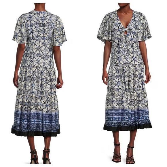 NEW Taylor Dress Blue Floral Cut Out Midi Short Flutter Sleeve Size 4 MSRP $138 - Picture 1 of 9